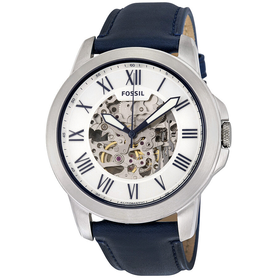 Fossil Grant silver skeleton dial men's watch with Roman numerals and navy leather strap