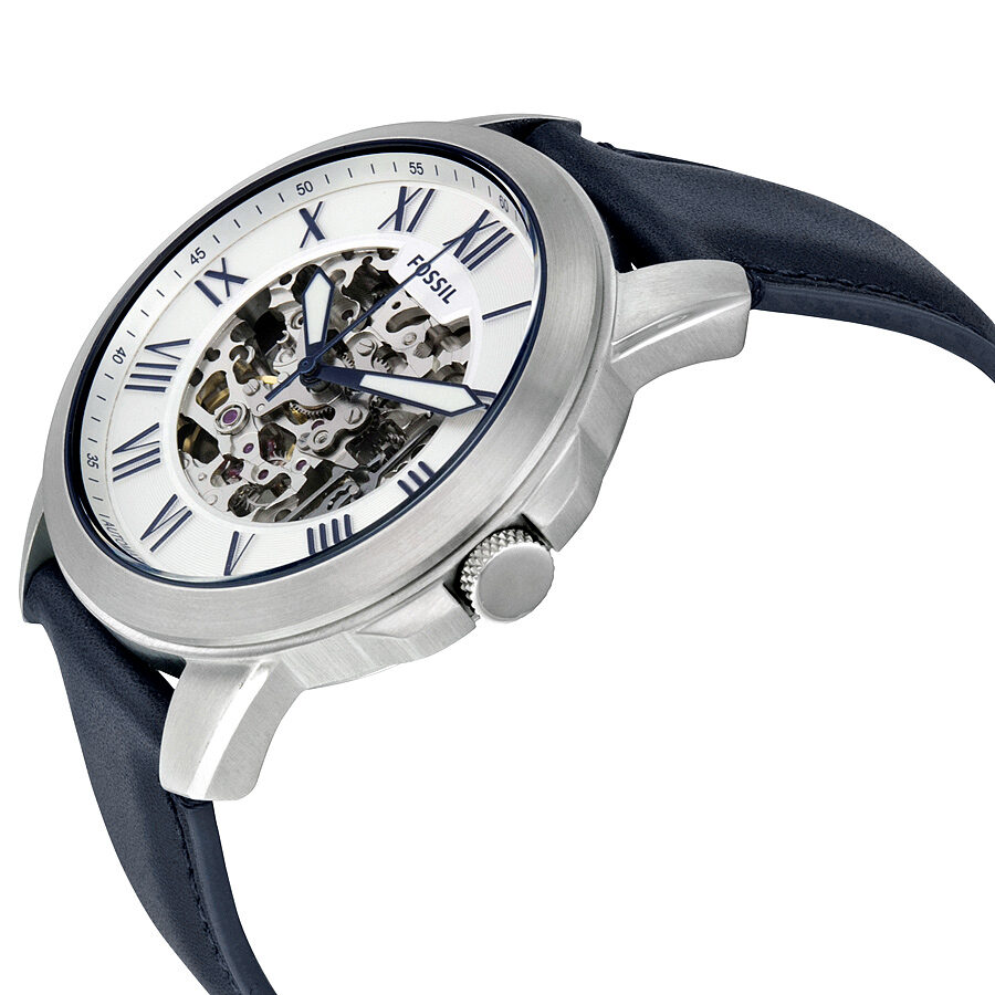 Fossil Grant automatic watch side view showing skeleton dial with visible movement and navy strap