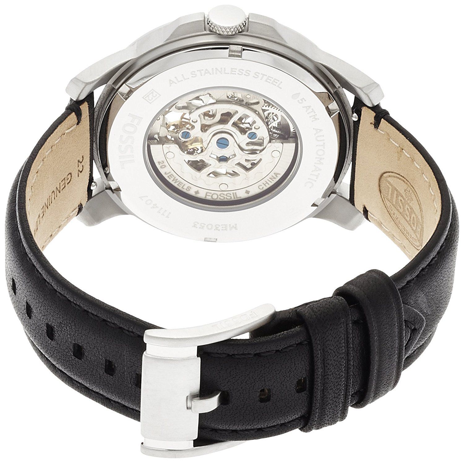 Fossil Grant watch side profile displaying stainless steel case, black leather strap, and skeleton dial