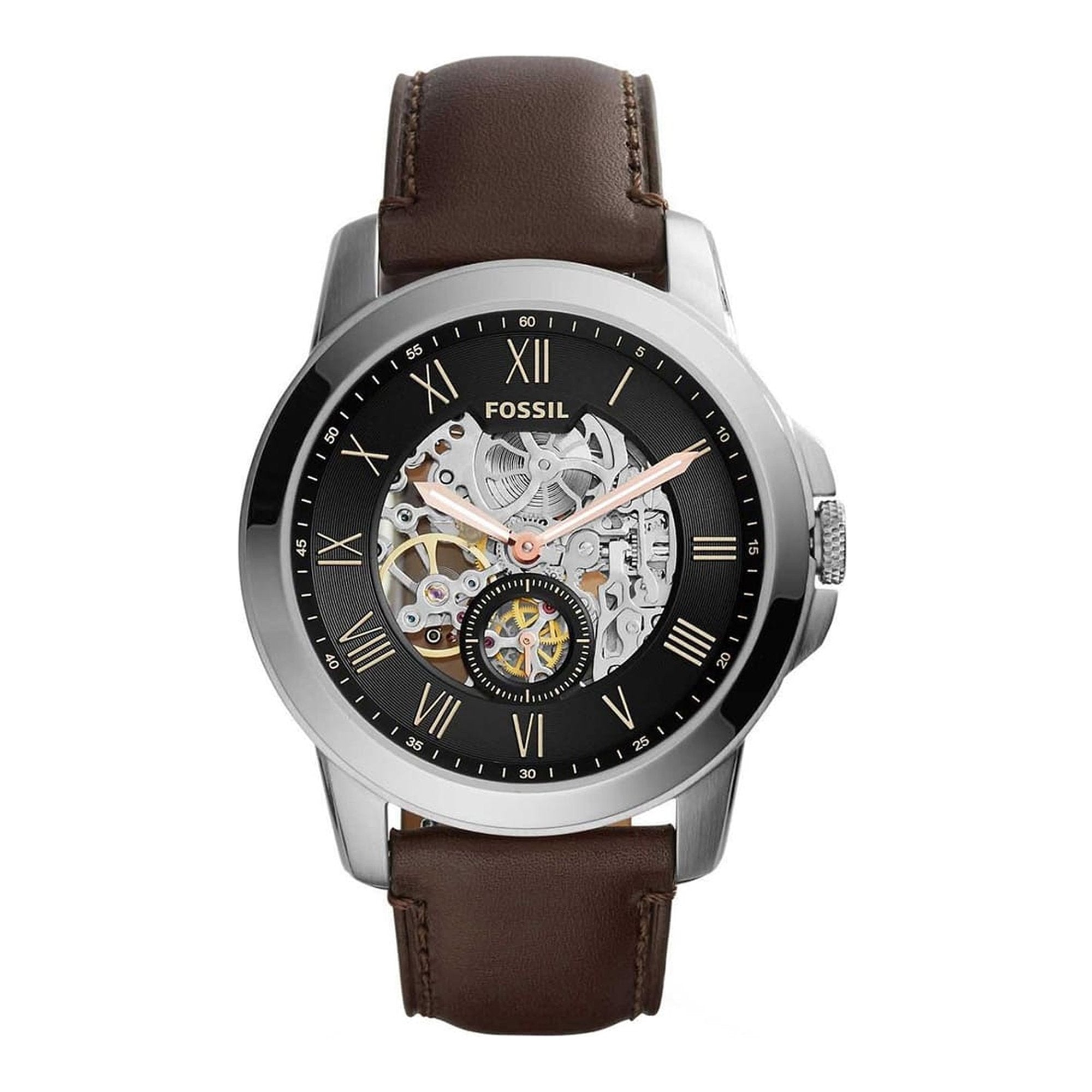Fossil Grant automatic skeleton dial watch with silver case, black dial, Roman numerals, and brown leather strap