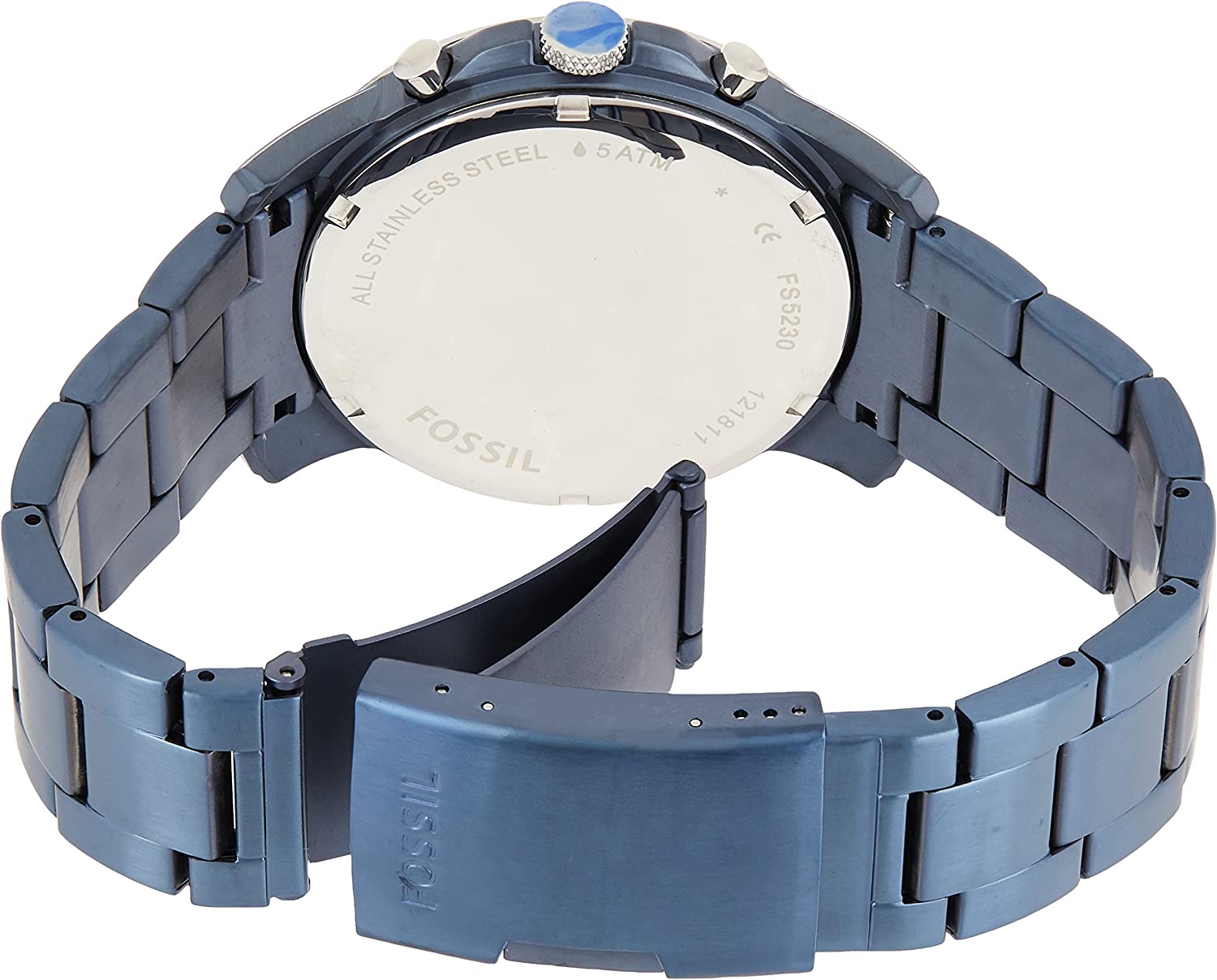 Fossil Grant Chronograph caseback with stainless steel display showing bracelet attachment