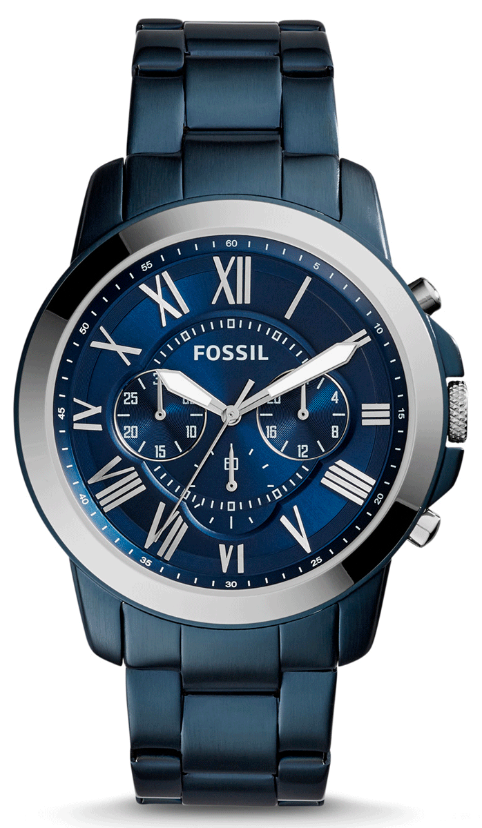 Fossil Grant Chronograph with blue dial, Roman numerals, silver bezel, and blue metal bracelet