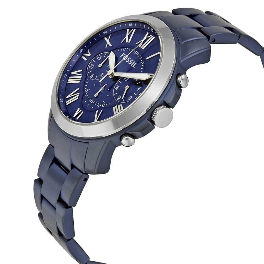 Fossil Grant Chronograph watch at angle showing blue chronograph subdials and blue metal bracelet
