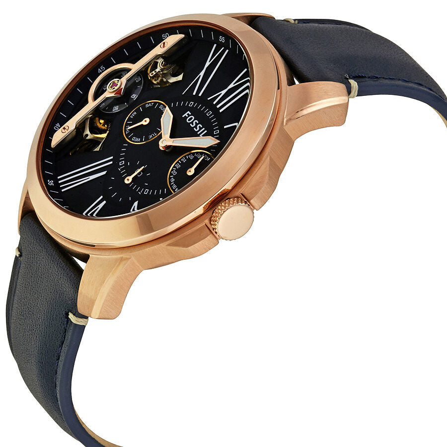 Fossil Grant Chronograph ME1162 side view showing rose gold case profile and navy leather strap