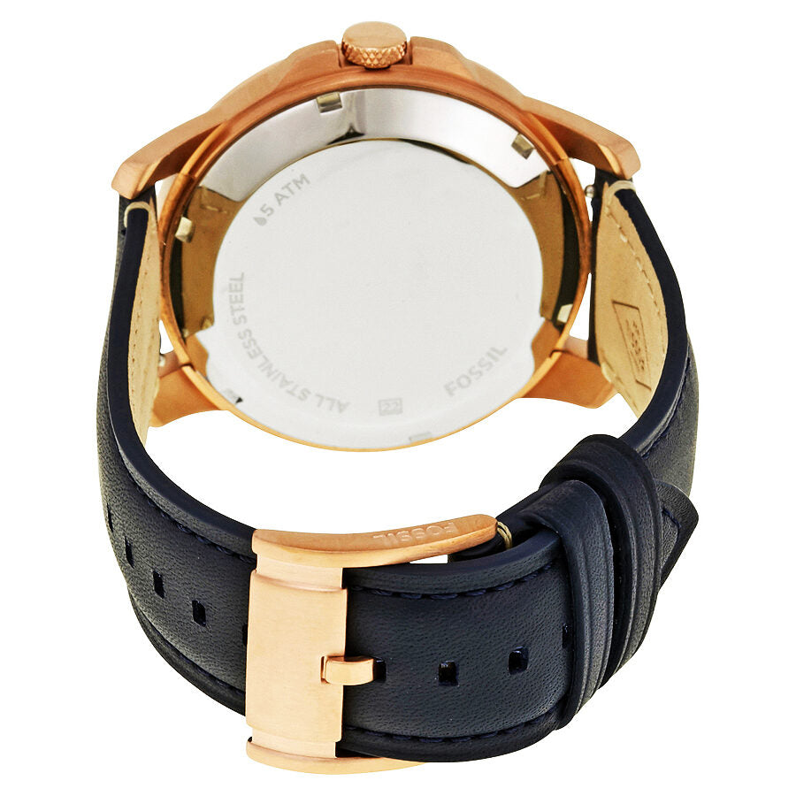 Fossil Grant Chronograph ME1162 caseback showing rose gold case and navy leather strap with buckle