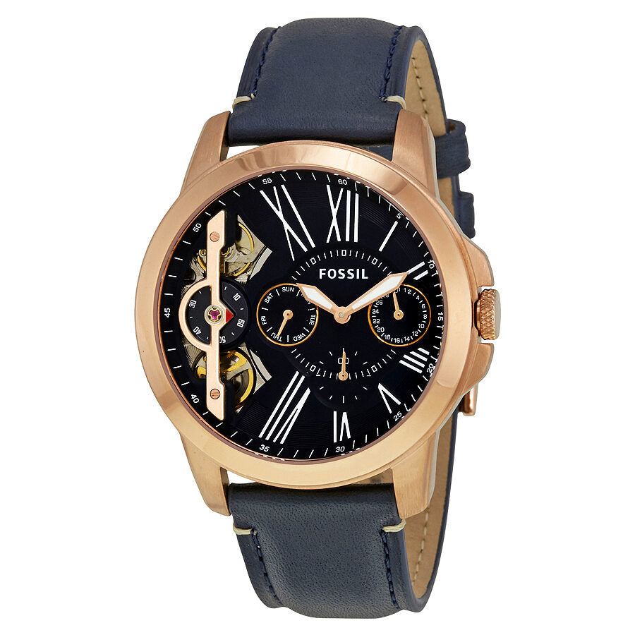 Fossil Grant Chronograph ME1162 with rose gold case, black dial, Roman numerals, and navy leather strap