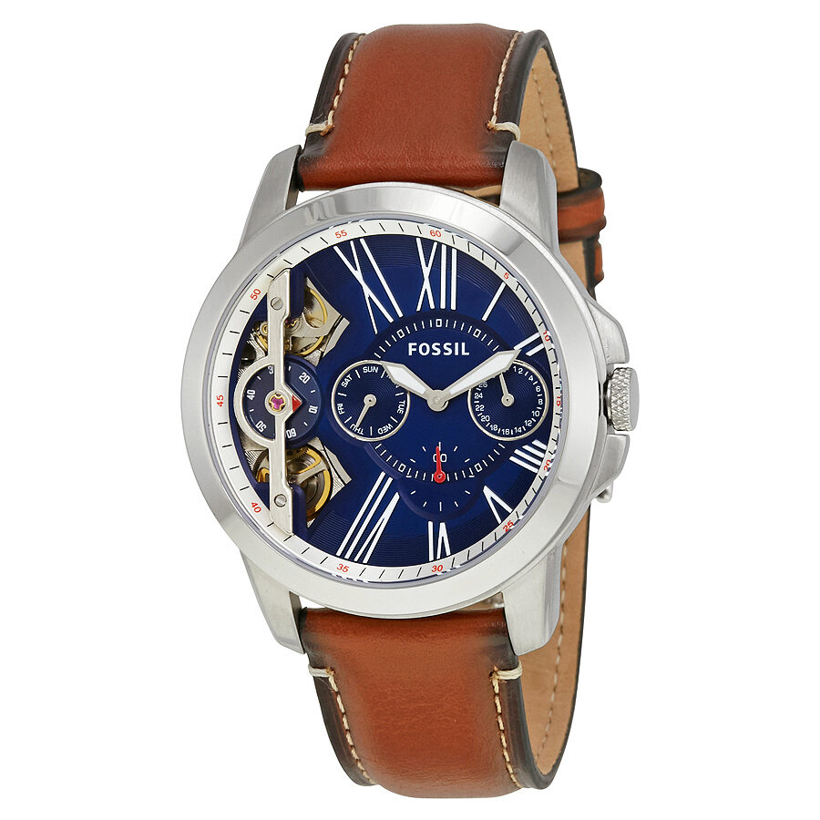 Fossil Grant chronograph men's watch with blue dial, Roman numerals, brown leather strap
