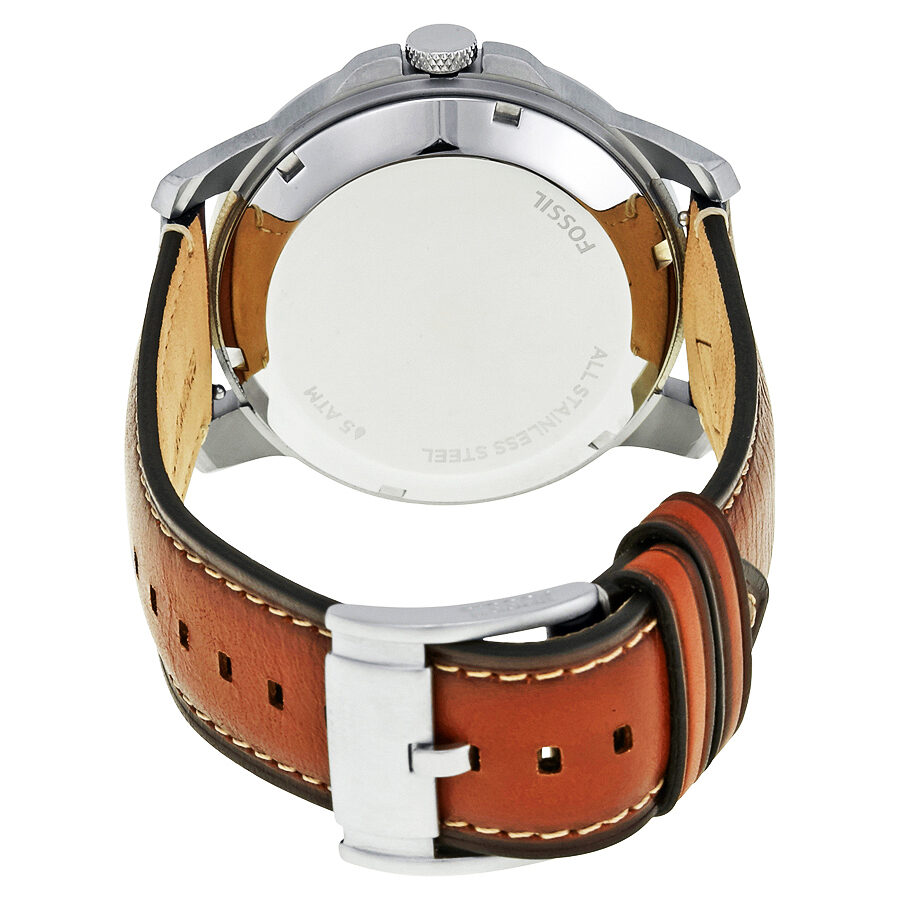 Fossil Grant chronograph watch caseback showing movement and brown leather strap with white stitching