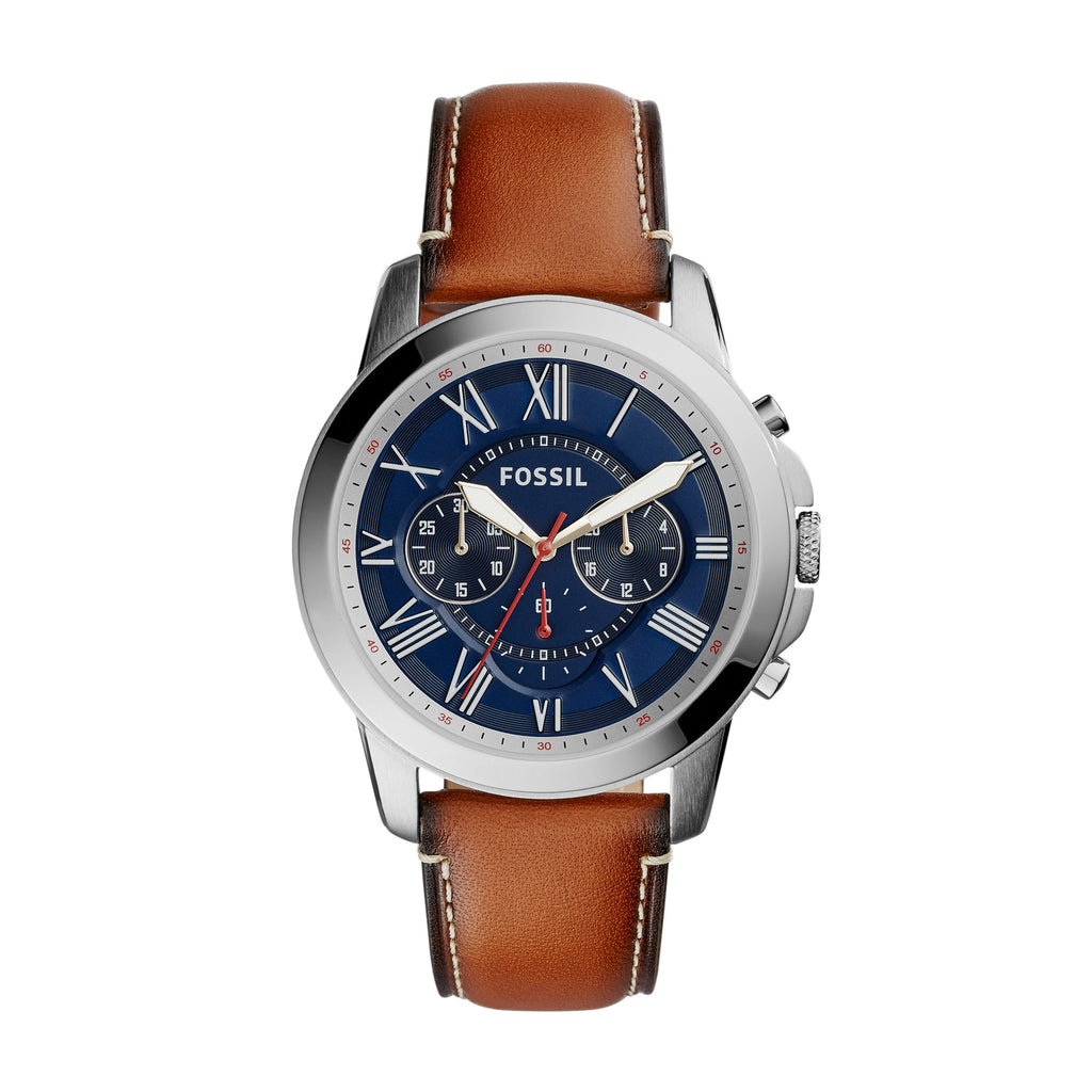 Fossil Grant FS5210 chronograph watch with navy blue dial, silver case, and brown leather strap