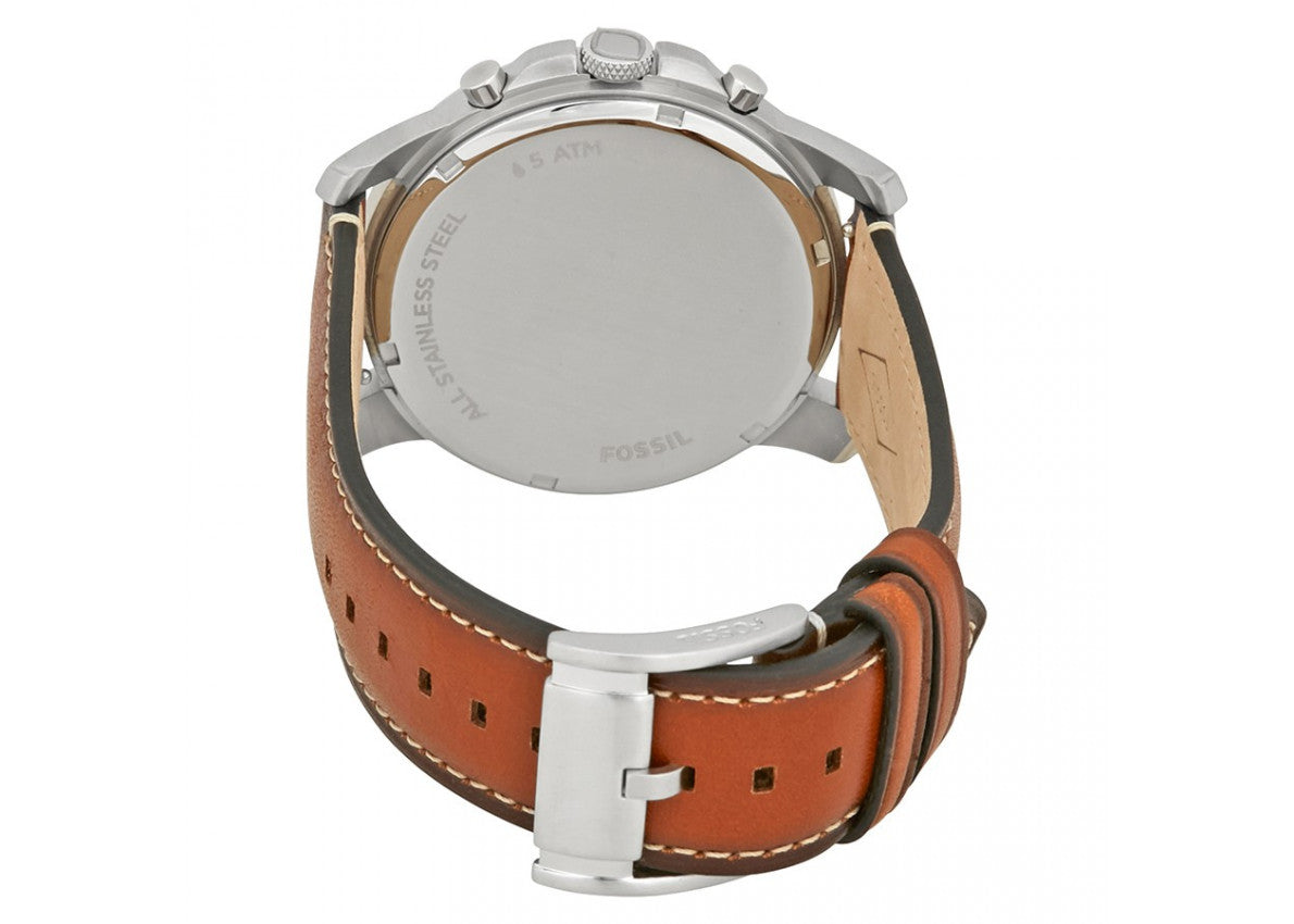 Case back view of Fossil Grant FS5210 chronograph watch with brown leather strap