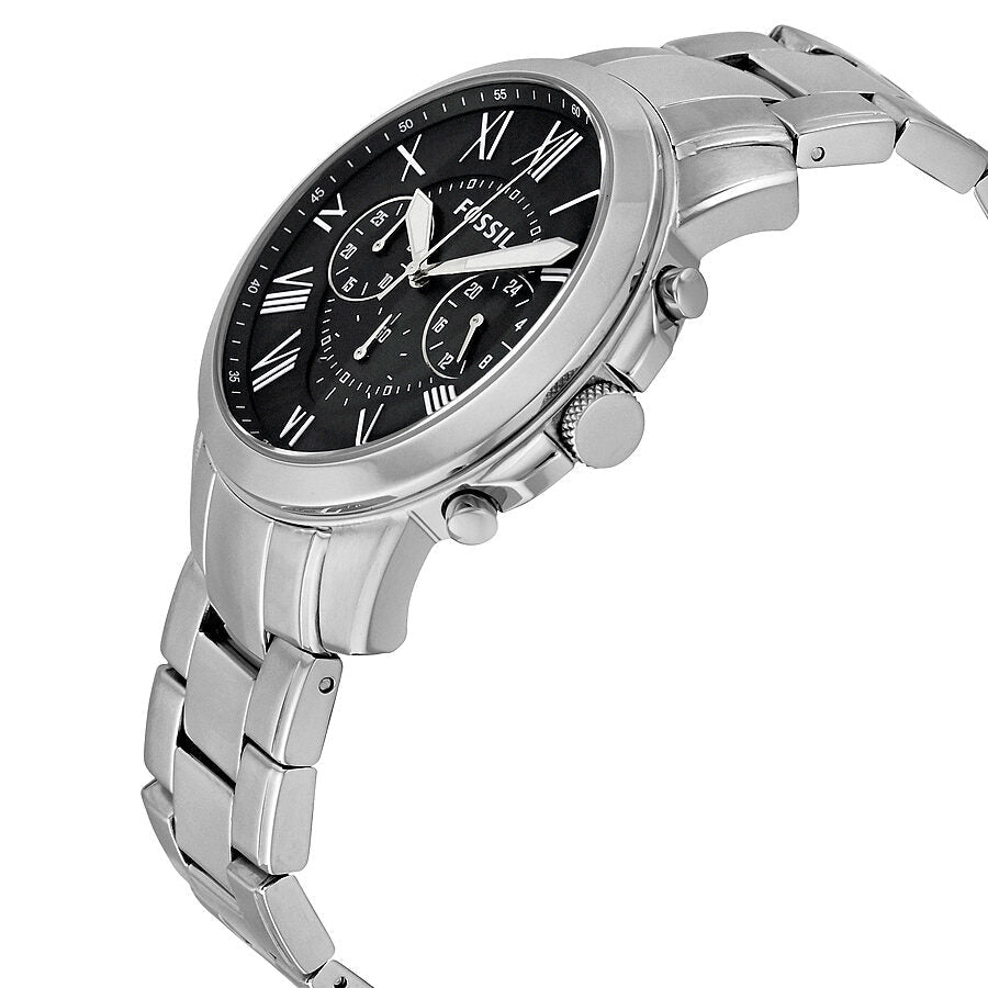 Side angle view of Fossil Grant FS4736 showing stainless steel case and chronograph pushers