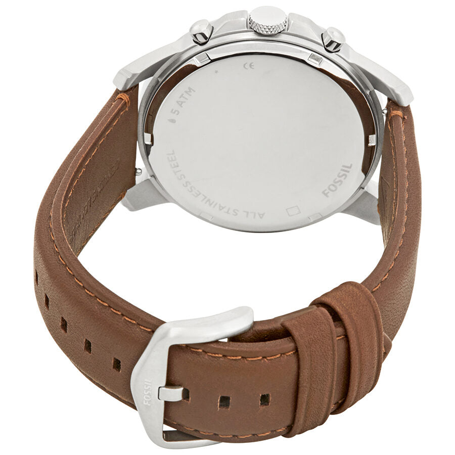 Fossil Grant watch caseback and brown leather strap with buckle fastener