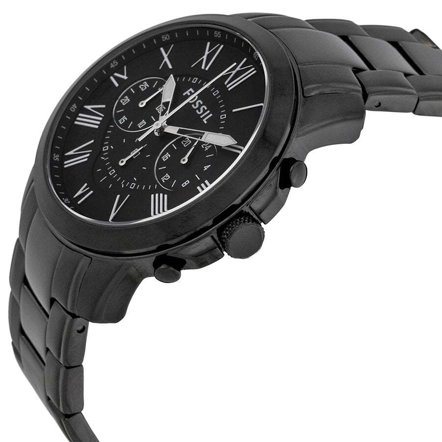 Fossil Grant chronograph watch displayed at angle showing black case and chronograph subdials