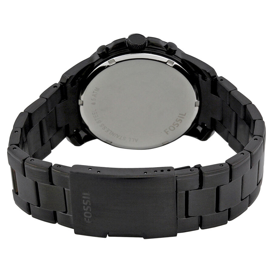 Fossil Grant watch caseback showing black-plated steel with Fossil branding