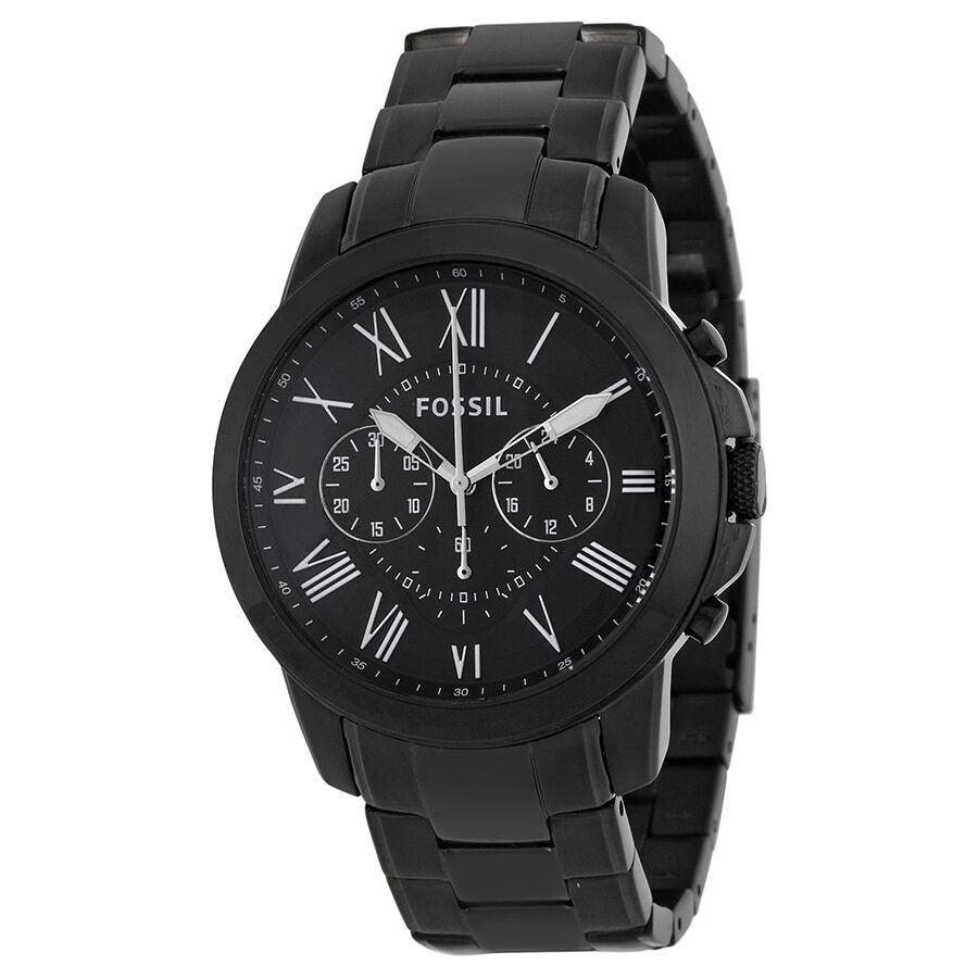 Fossil Grant chronograph watch with black dial, Roman numerals, and black-plated steel bracelet