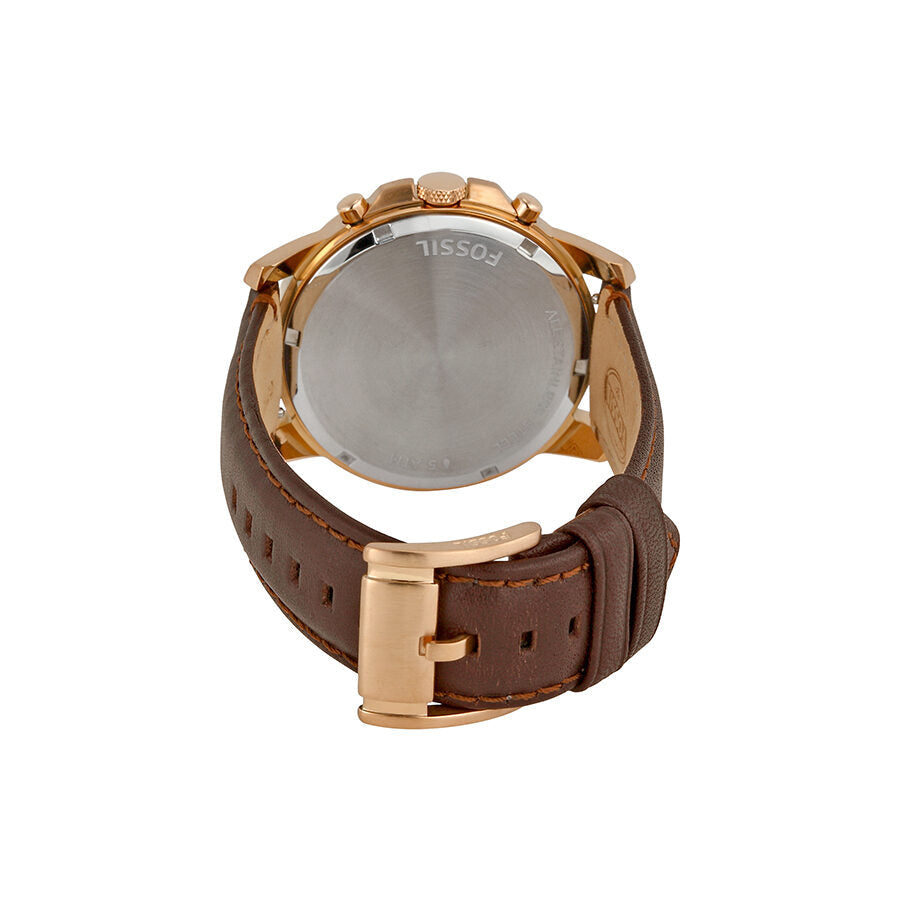 Fossil Grant Chronograph caseback showing movement and brown leather strap with rose gold buckle