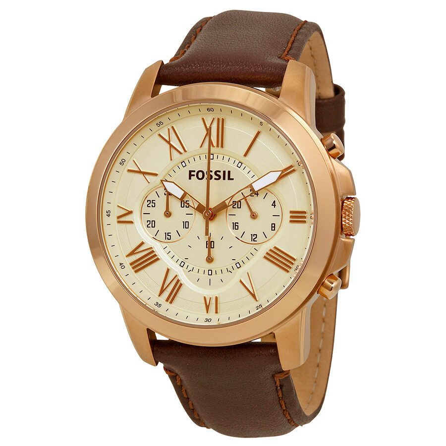 Fossil Grant Chronograph with eggshell dial, Roman numerals, rose gold case and brown leather strap