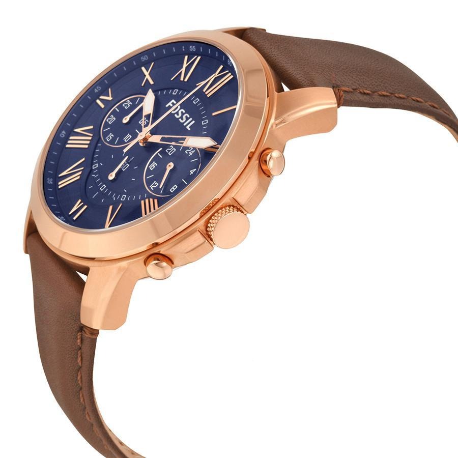 Fossil Grant FS5068 chronograph watch angled view showing rose gold case, blue dial and brown leather strap