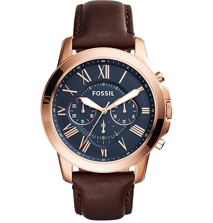 Fossil Grant FS5068 men's chronograph watch with blue dial, Roman numerals, rose gold case and brown leather strap