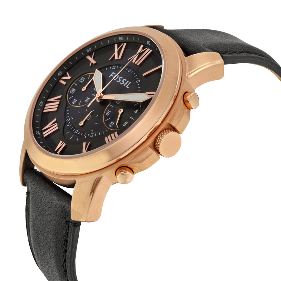 Fossil Grant FS5085 chronograph watch angled view showing rose gold case, chronograph pushers, and black leather strap
