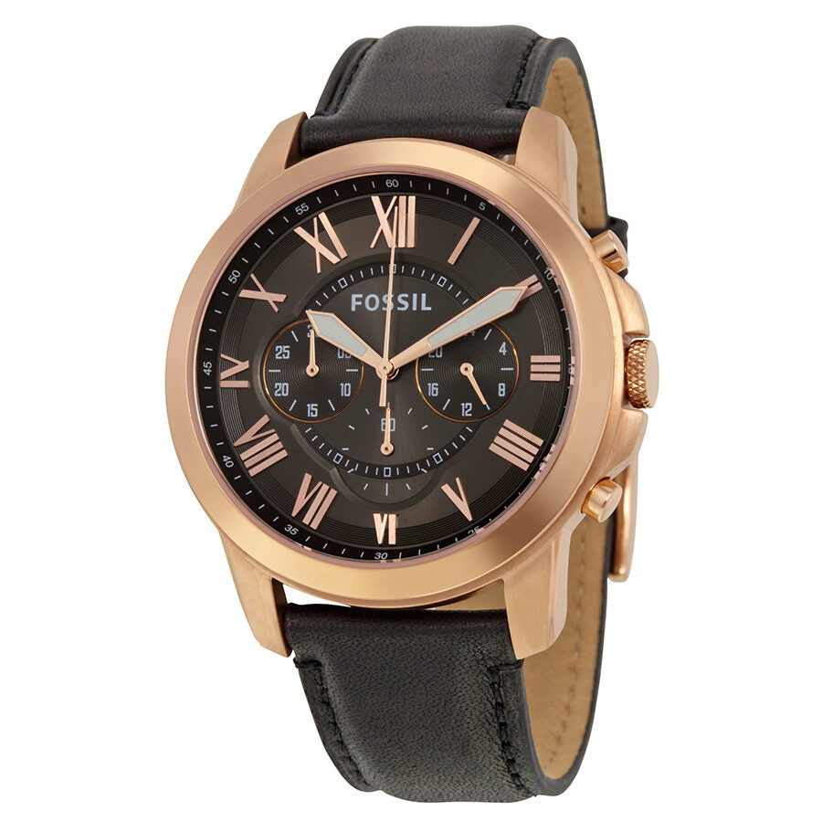 Fossil Grant FS5085 men's chronograph watch with rose gold case, grey dial, Roman numerals, and black leather strap