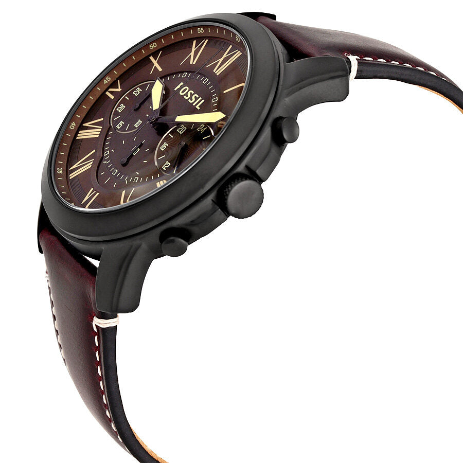 Side angle view of Fossil Grant chronograph with dark brown leather strap and black case