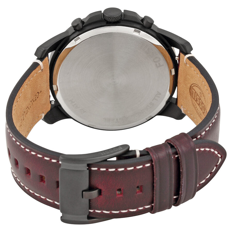 Caseback view of Fossil Grant FS5088 showing stainless steel case and tan leather interior