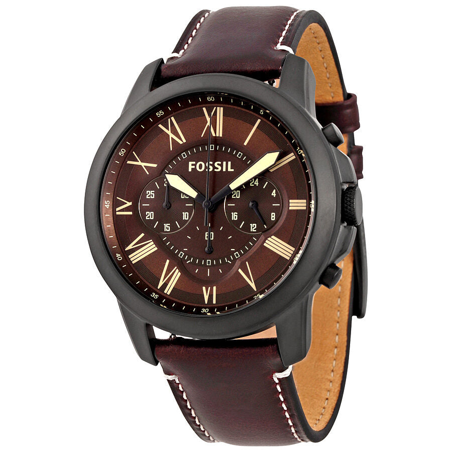Fossil Grant dark brown chronograph watch with Roman numeral dial and dark brown leather strap