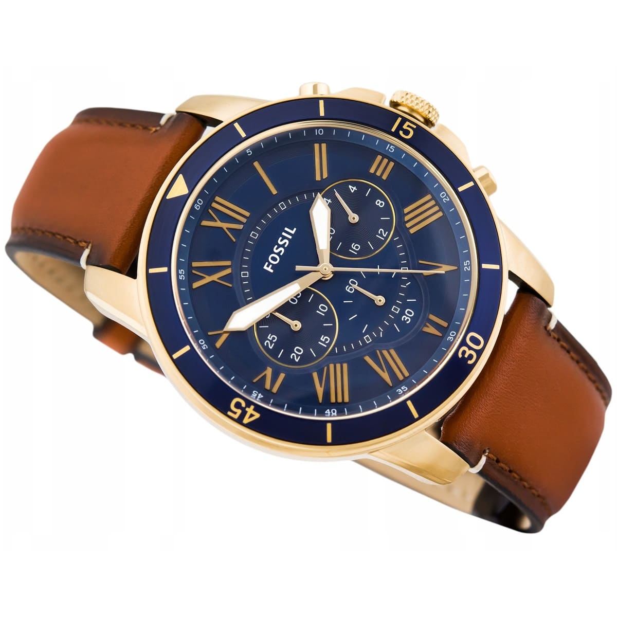 Fossil Grant men's chronograph watch angled side view with blue dial, gold bezel, and brown leather band