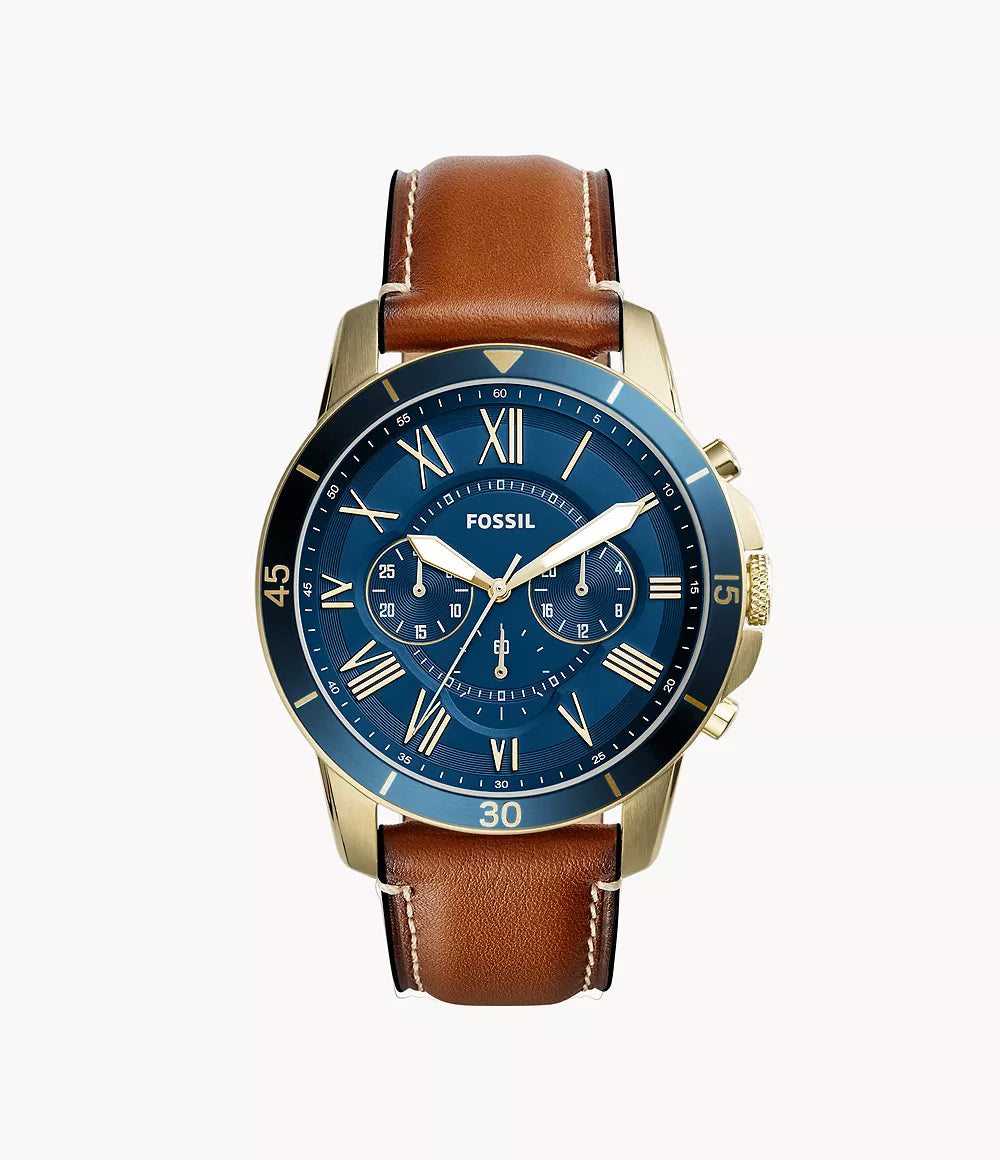 Fossil Grant blue dial men's chronograph watch with brown leather strap, gold-tone case