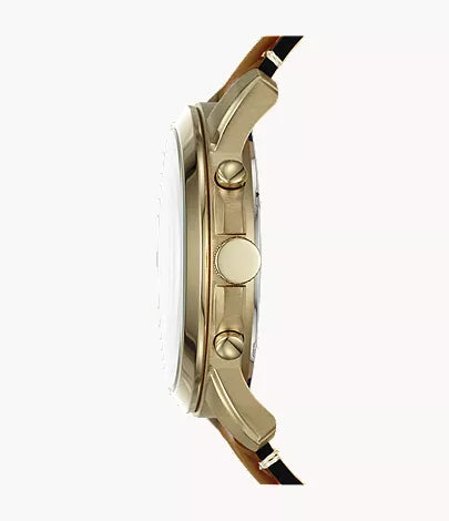 Side profile of Fossil Grant FS5268 chronograph watch with gold case and brown leather strap