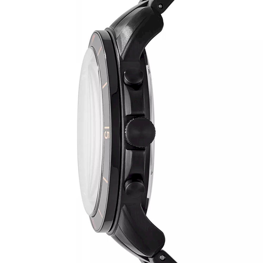 Side profile of Fossil Grant watch showing black stainless steel case and bracelet thickness