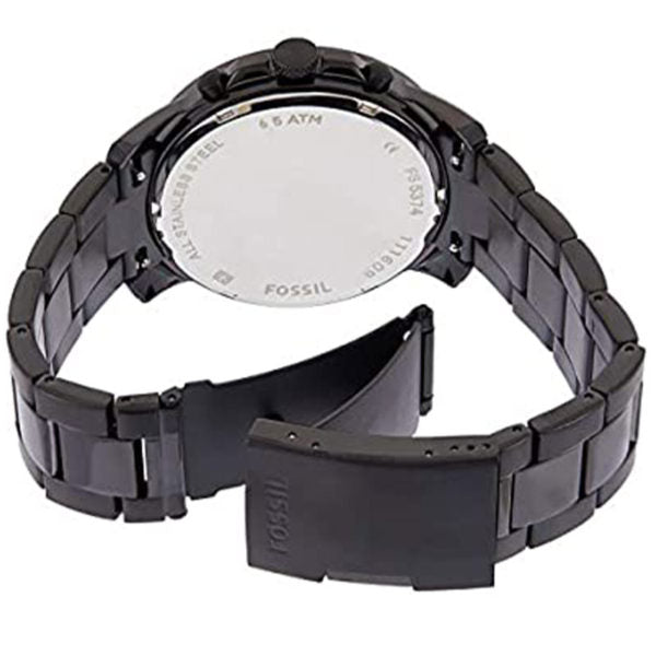 Caseback of Fossil Grant watch showing stainless steel backing and bracelet
