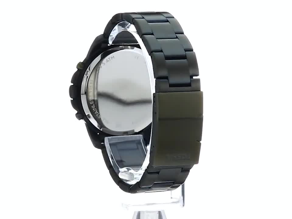 Caseback view of Fossil Grant watch with polished stainless steel