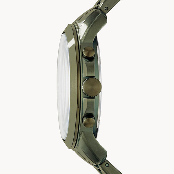 Side profile of Fossil Grant watch showing olive green stainless steel case and bracelet