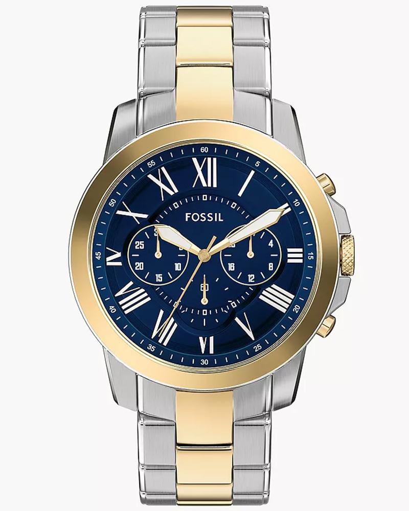 Fossil Grant chronograph watch with two-tone case, blue dial, Roman numerals, and subdials