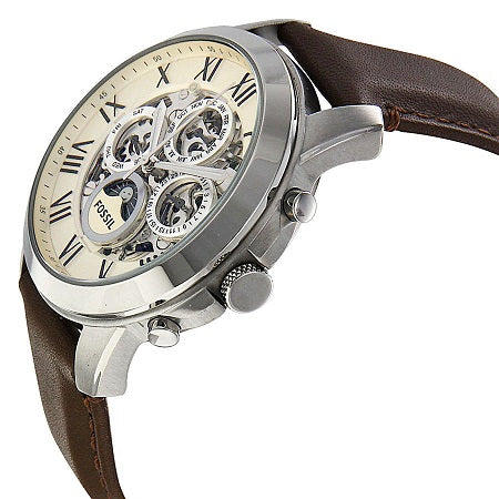 Side view of Fossil Grant watch showing white dial with visible chronograph mechanisms and brown leather strap