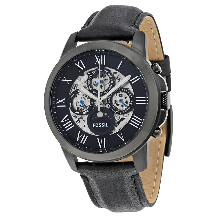 Fossil Grant automatic men's watch with black skeleton dial, Roman numerals, and black leather strap