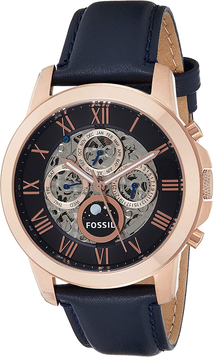 Fossil Grant automatic watch with skeletal dial, rose gold case, and navy leather strap