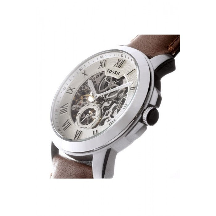Side angle view of Fossil Grant automatic watch showing skeleton dial and brown leather strap