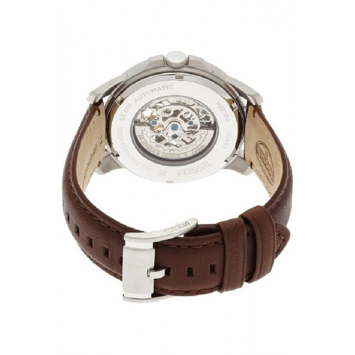 Back view of Fossil Grant automatic watch with visible skeleton movement through transparent caseback