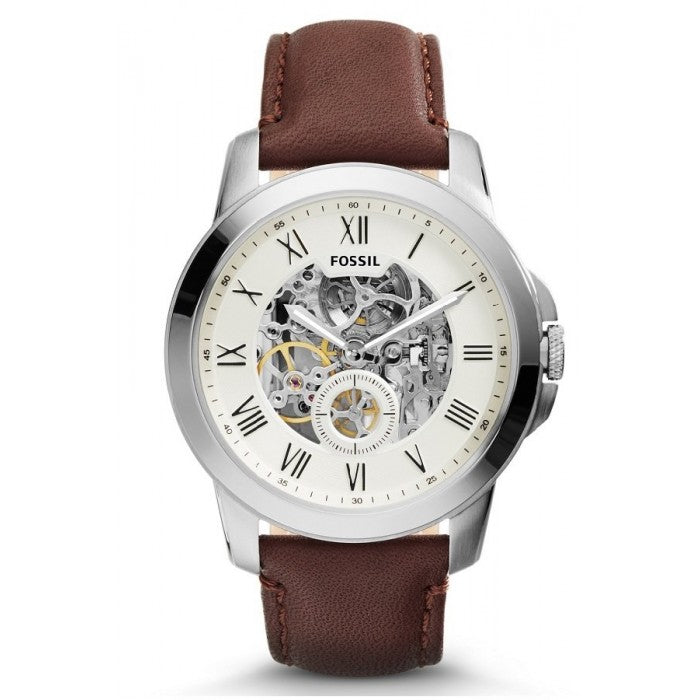 Fossil Grant automatic men's watch with cream skeleton dial, Roman numerals, stainless steel case, and brown leather strap