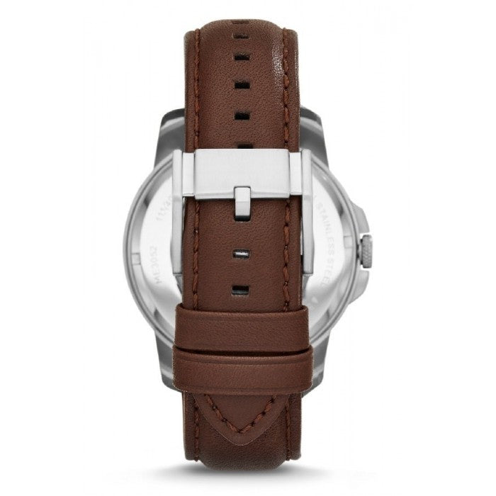 Side profile of Fossil Grant automatic watch with stainless steel case and brown leather strap