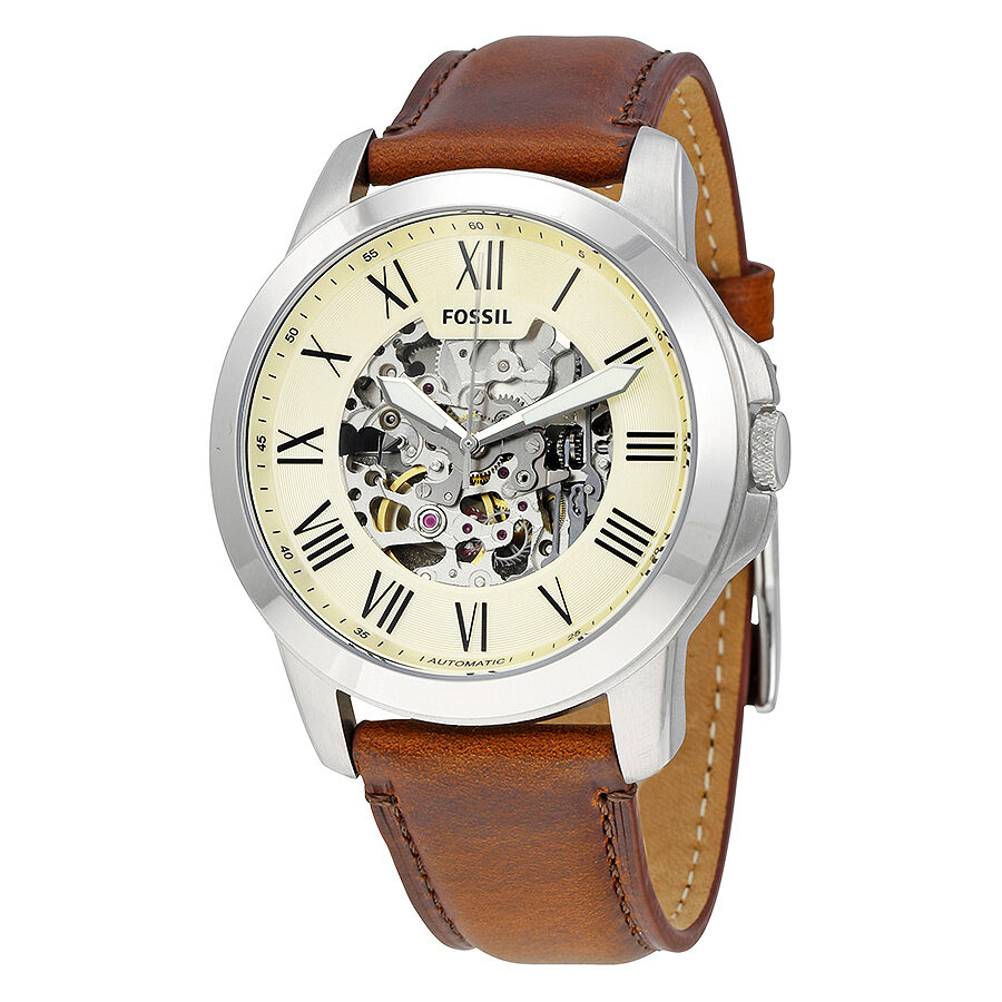 Fossil Grant automatic watch with beige skeleton dial, Roman numerals, stainless steel case and brown leather strap