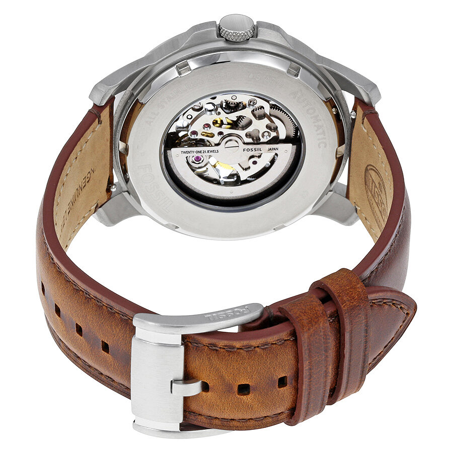 Caseback of Fossil Grant watch displaying visible automatic movement mechanism