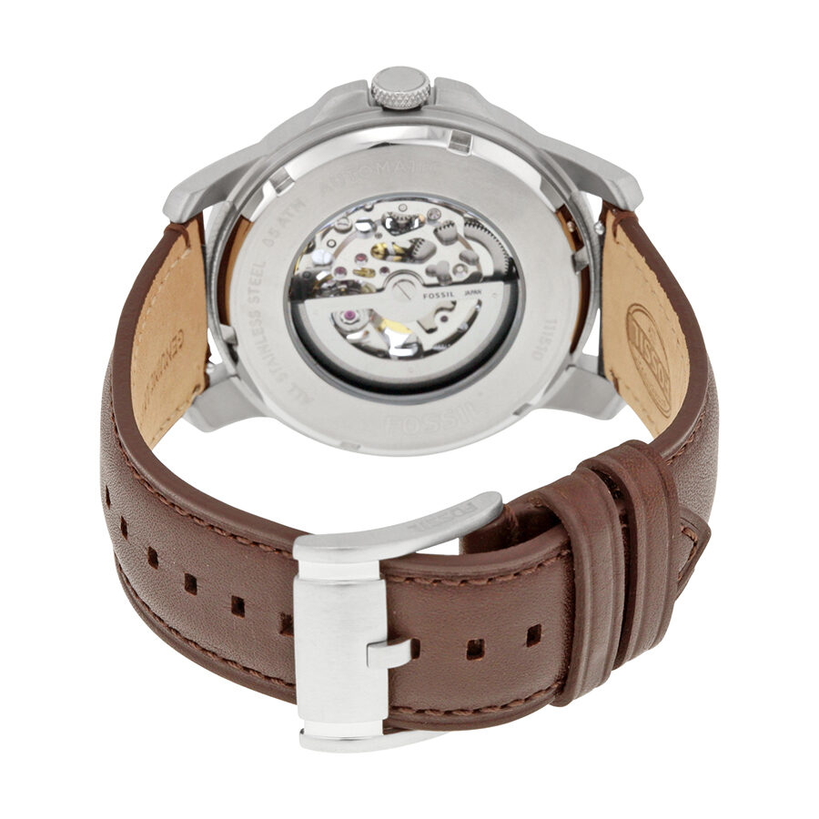 Fossil Grant automatic watch caseback with visible movement and brown leather strap