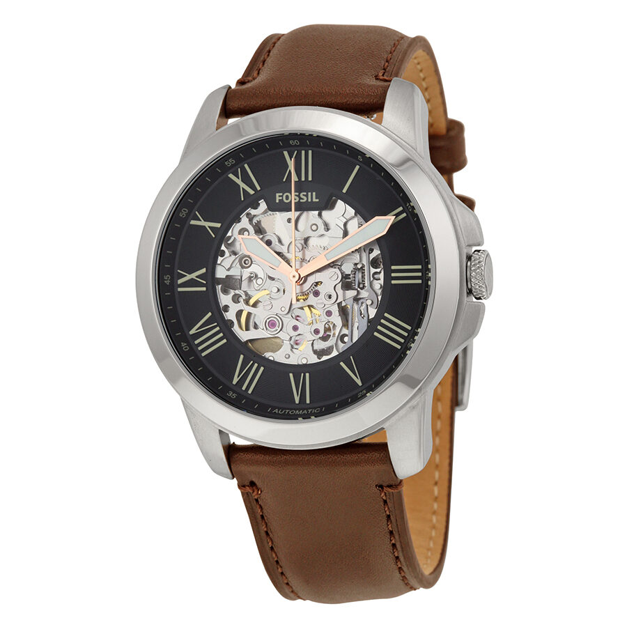 Fossil Grant automatic men's watch with black skeleton dial and brown leather strap