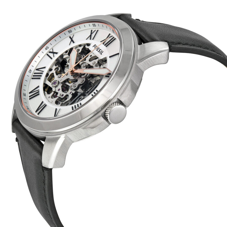 Side angle view of Fossil Grant automatic watch showing case profile and exposed movement