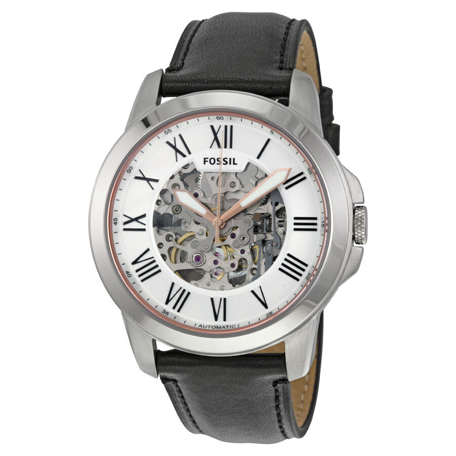 Fossil Grant automatic watch with silver skeleton dial and Roman numerals on black leather strap