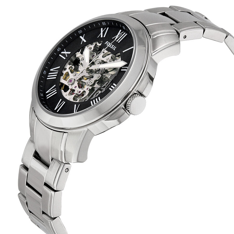 Fossil Grant ME3103 automatic watch at three-quarter angle showing side profile and exposed movement